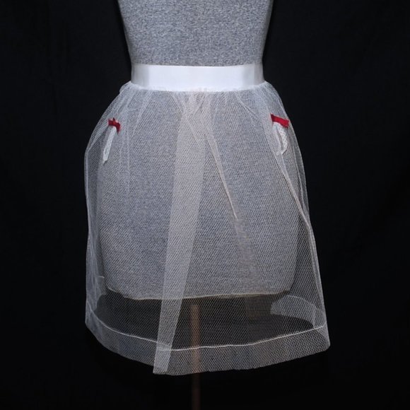 Vintage 50's White Tulle Sexy Hostess Half Apron Red Ribbon Detail Bridal Shower - Picture 3 of 8
